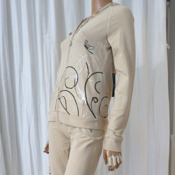 NWT BCBG sz SM LG XL 95% cotton BEIGE & BROWN STUDDED 2 PIECE TRACKSUIT - Picture 9 of 14